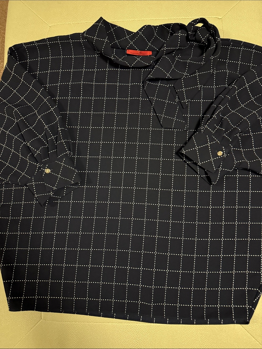 Carolina Herrera Navy Windowpane Tie-Neck Blouse